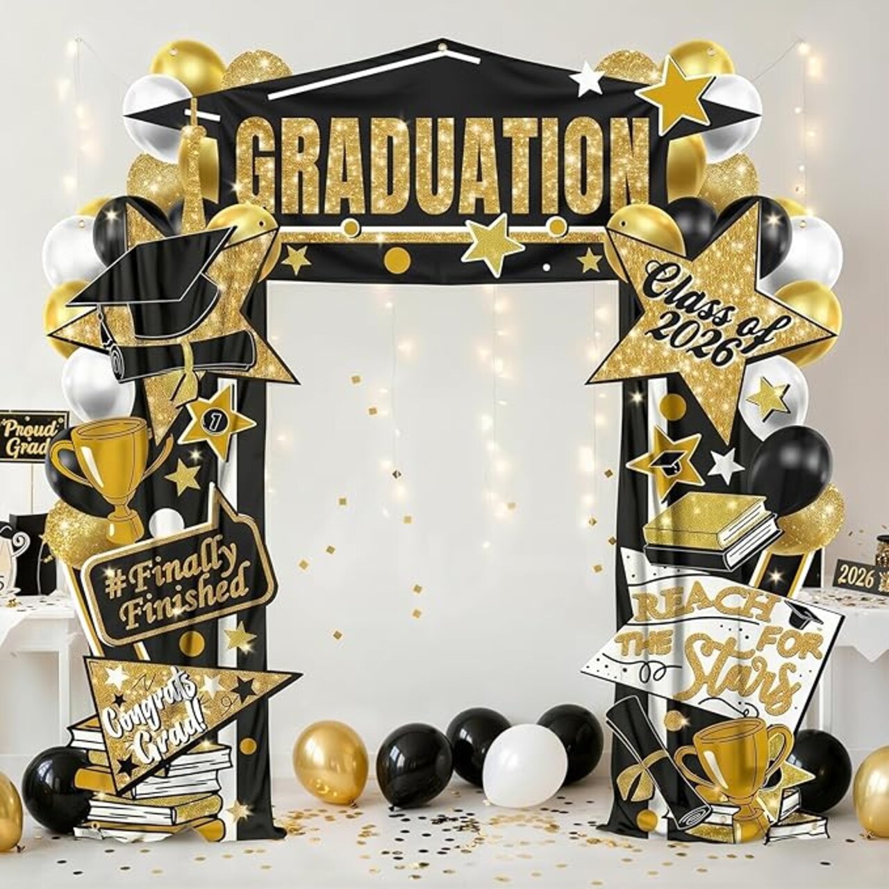 Class of 2026 Graduation Door Decorations - 3-Piece Black & Gold Congrats Grad Banner Set - Large Porch Sign & Backdrop Kit - Premium Indoor/Outdoor Party Supplies